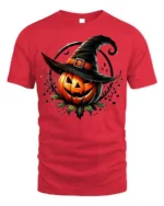 Halloween Jack O Lantern Witch Hat T-Shirt - red t-shirt on white background