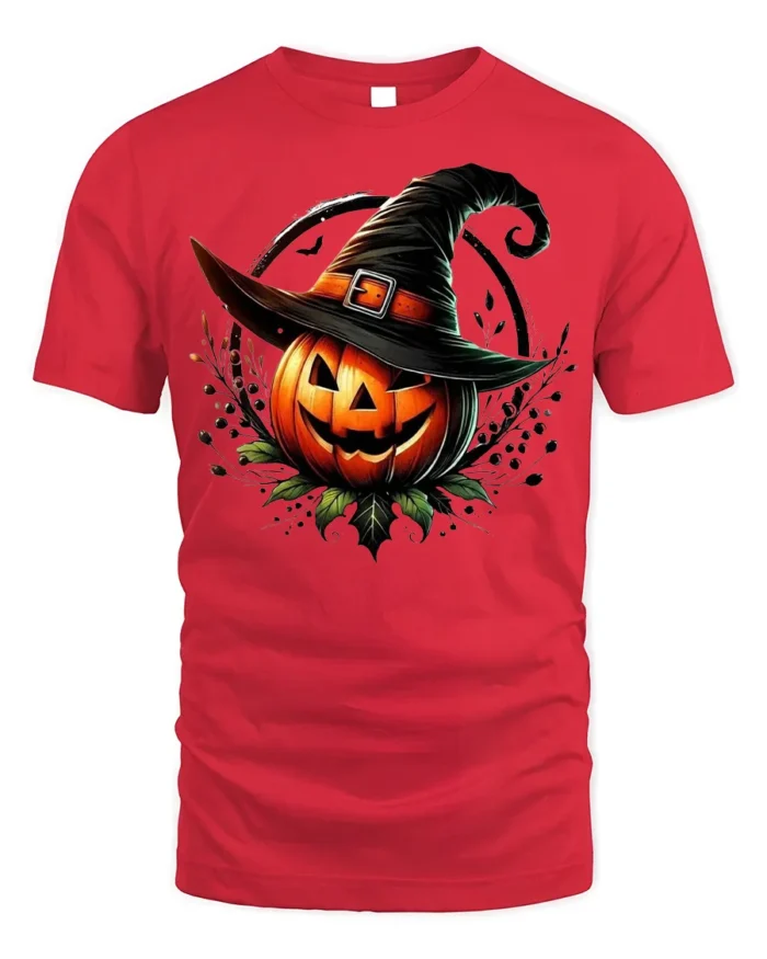 Halloween Jack O Lantern Witch Hat T-Shirt - red t-shirt on white background