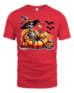 Halloween Skeleton Pumpkin Float T-Shirt - red t-shirt on white background