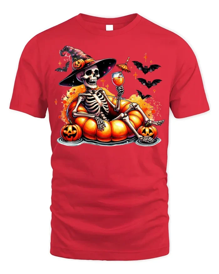 Halloween Skeleton Pumpkin Float T-Shirt - red t-shirt on white background