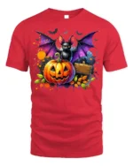 Halloween Bat and Pumpkin Graphic T-Shirt - red t-shirt on white background