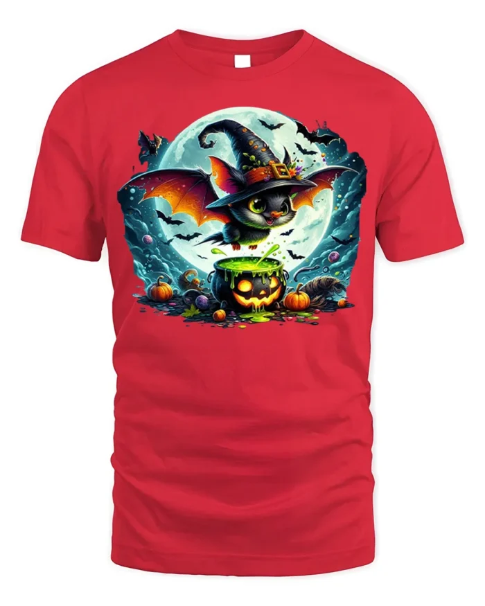 Halloween Witch Bat Cauldron Moon T-Shirt - red t-shirt on white background
