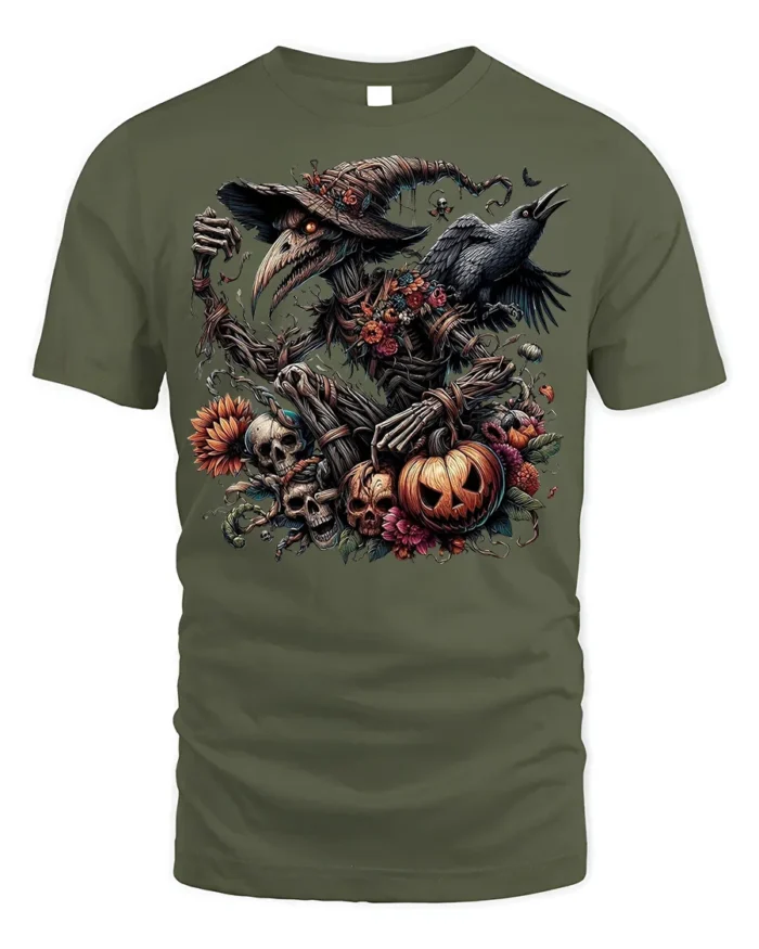 Halloween Evil Scarecrow Raven Pumpkin T-Shirt - military green t-shirt on white background
