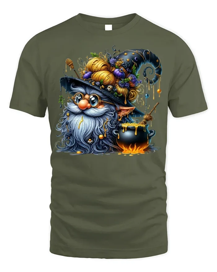Halloween Wizard Gnome Cauldron Magic T-Shirt - military green t-shirt on white background
