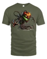 Halloween Evil Pumpkin Monster Graphic T-Shirt - military green t-shirt on white background