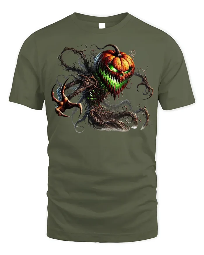 Halloween Evil Pumpkin Monster Graphic T-Shirt - military green t-shirt on white background