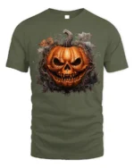 Halloween Scary Jack O Lantern Skull T-Shirt - military green t-shirt on white background