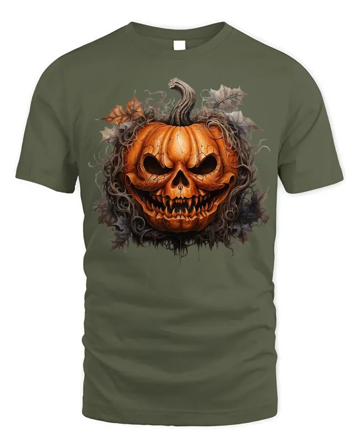 Halloween Scary Jack O Lantern Skull T-Shirt - military green t-shirt on white background