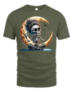Halloween Yoga Skeleton Moon Graphic T-Shirt - military green t-shirt on white background