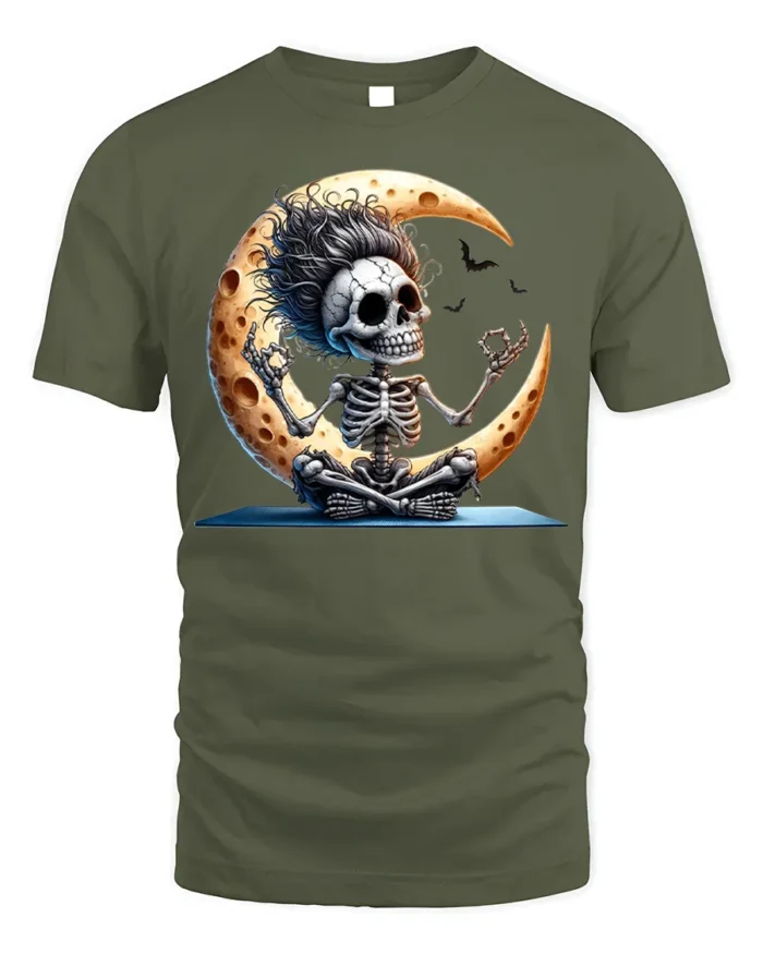 Halloween Yoga Skeleton Moon Graphic T-Shirt - military green t-shirt on white background