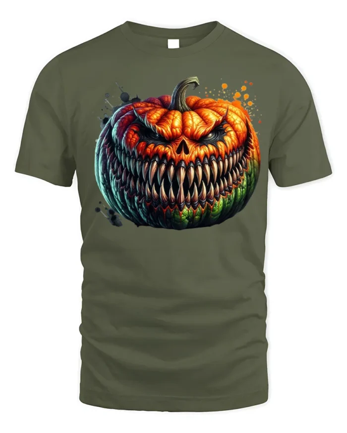 Halloween Evil Grinning Pumpkin Face T-Shirt - military green t-shirt on white background