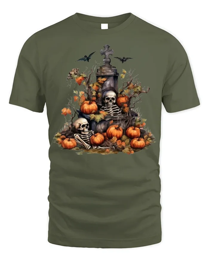 Halloween Skeleton Graveyard Pumpkin T-Shirt - military green t-shirt on white background