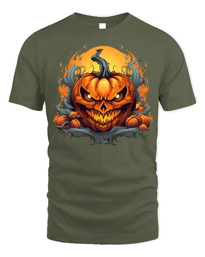 Halloween Fiery Evil Pumpkin Face T-Shirt - military green t-shirt on white background