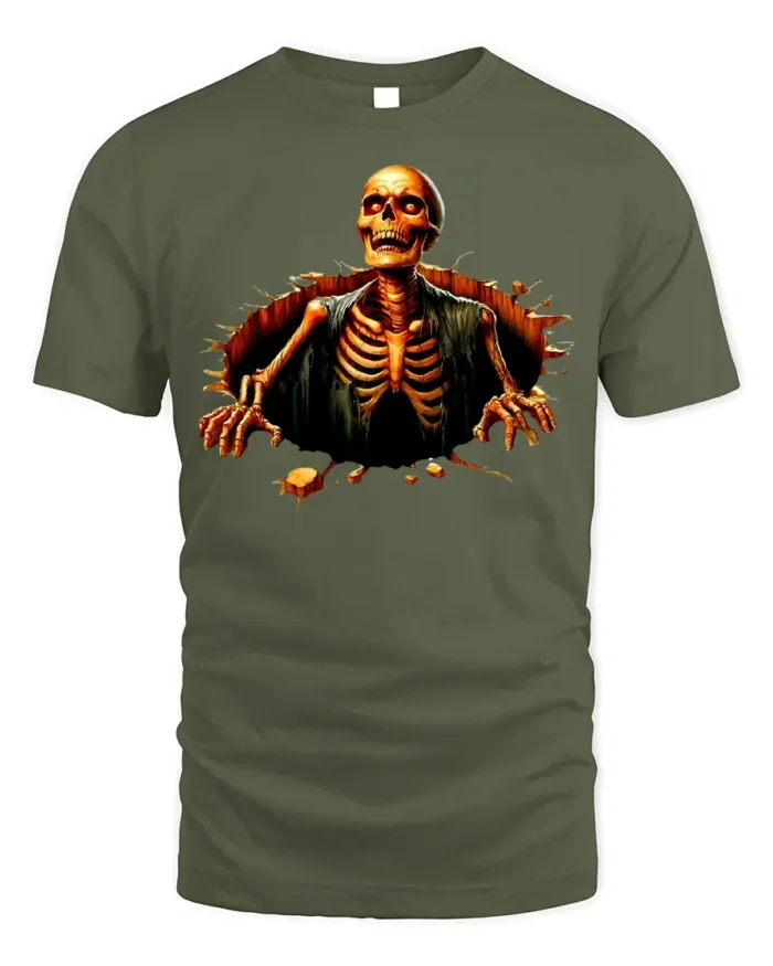 Halloween Skeleton Breaking Wall Graphic T-Shirt - military green t-shirt on white background