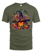 Halloween Candy Pumpkin Witch Hat T-Shirt - military green t-shirt on white background