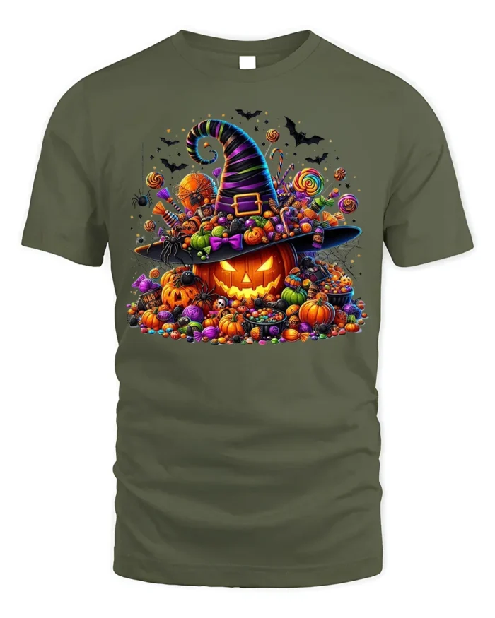Halloween Candy Pumpkin Witch Hat T-Shirt - military green t-shirt on white background