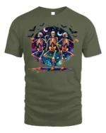 Halloween Dancing Skeletons Graphic T-Shirt - military green t-shirt on white background