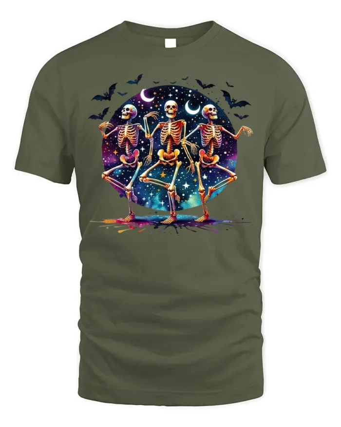Halloween Dancing Skeletons Graphic T-Shirt - military green t-shirt on white background