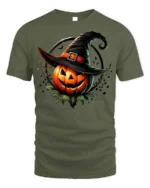 Halloween Jack O Lantern Witch Hat T-Shirt - military green t-shirt on white background