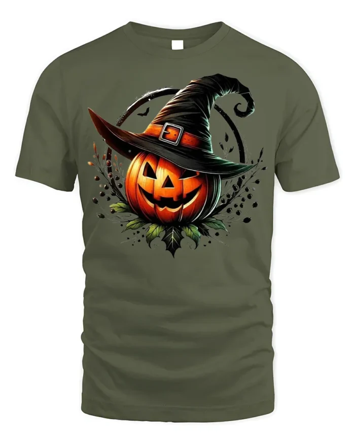 Halloween Jack O Lantern Witch Hat T-Shirt - military green t-shirt on white background
