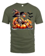 Halloween Skeleton Pumpkin Float T-Shirt - military green t-shirt on white background