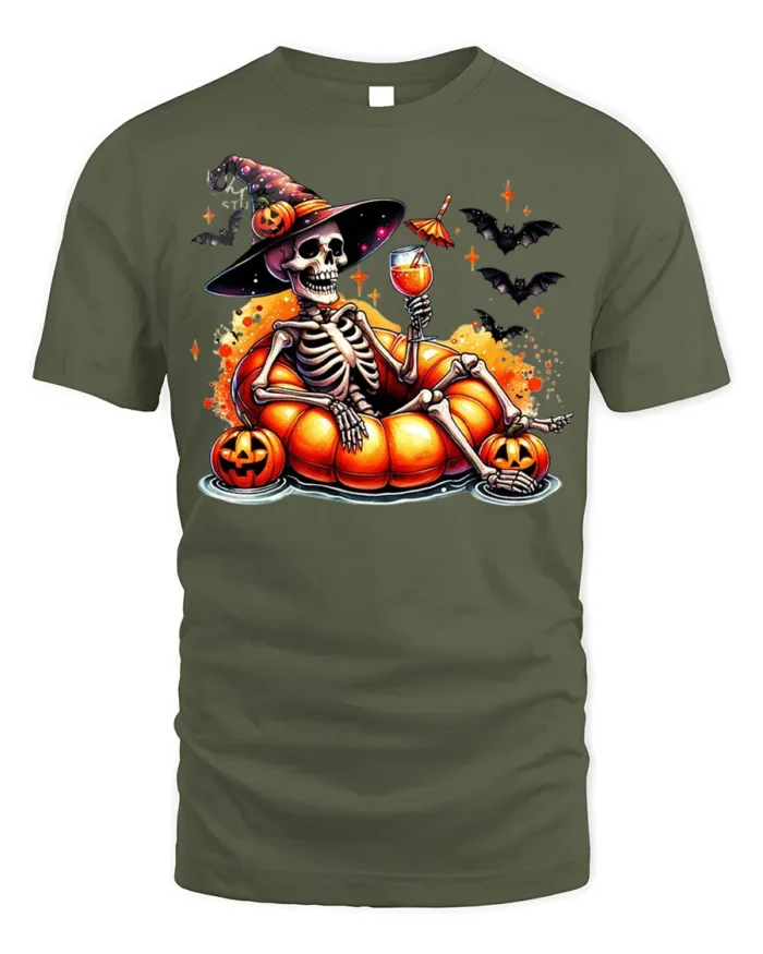 Halloween Skeleton Pumpkin Float T-Shirt - military green t-shirt on white background