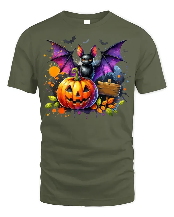 Halloween Bat and Pumpkin Graphic T-Shirt - military green t-shirt on white background