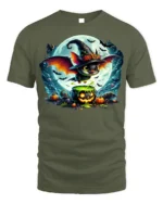 Halloween Witch Bat Cauldron Moon T-Shirt - military green t-shirt on white background