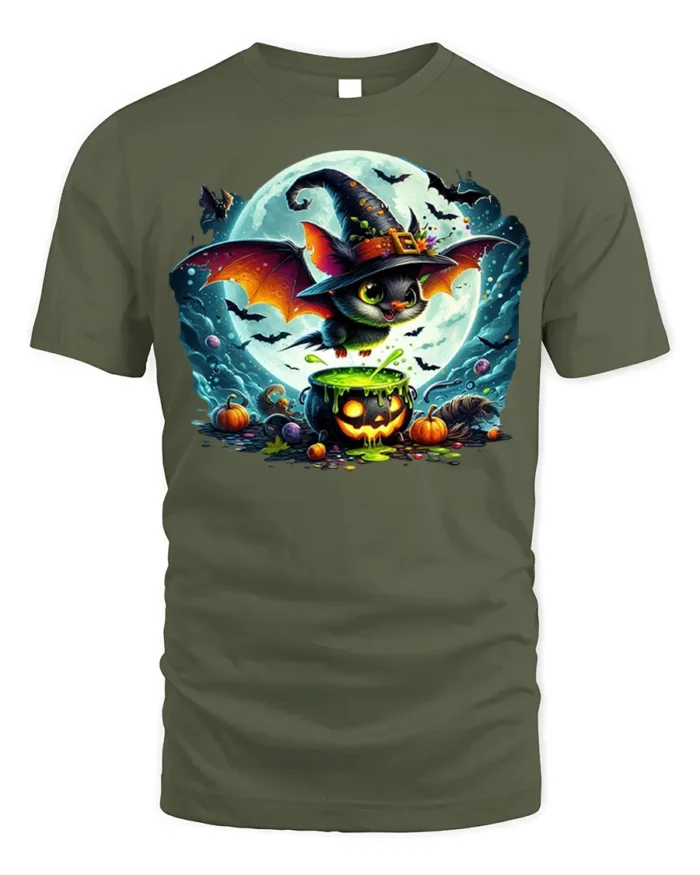 Halloween Witch Bat Cauldron Moon T-Shirt - military green t-shirt on white background