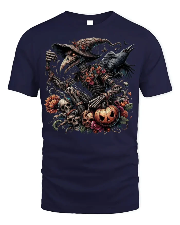 Halloween Evil Scarecrow Raven Pumpkin T-Shirt - navy t-shirt on white background