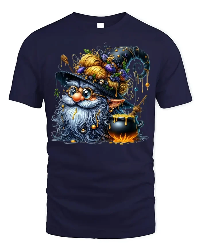 Halloween Wizard Gnome Cauldron Magic T-Shirt - navy t-shirt on white background