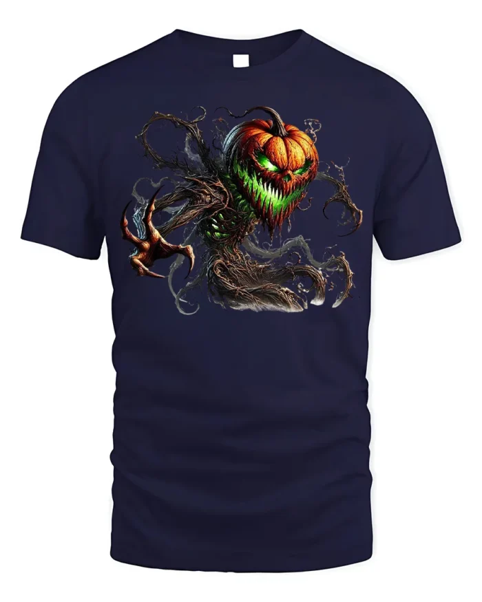 Halloween Evil Pumpkin Monster Graphic T-Shirt - navy t-shirt on white background