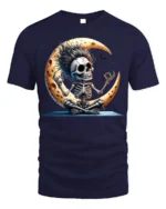 Halloween Yoga Skeleton Moon Graphic T-Shirt - navy t-shirt on white background