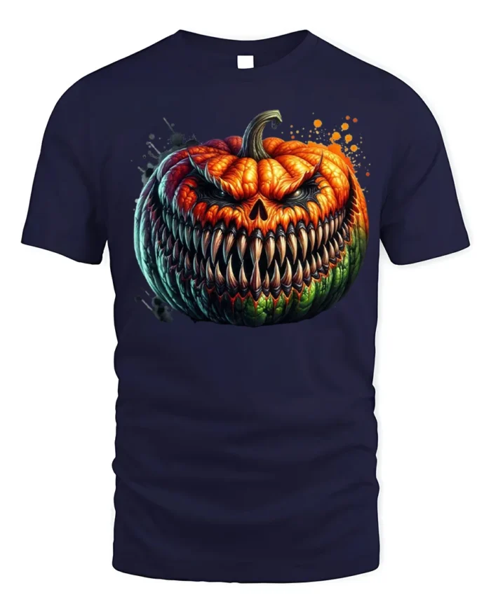 Halloween Evil Grinning Pumpkin Face T-Shirt - navy t-shirt on white background