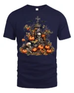 Halloween Skeleton Graveyard Pumpkin T-Shirt - navy t-shirt on white background