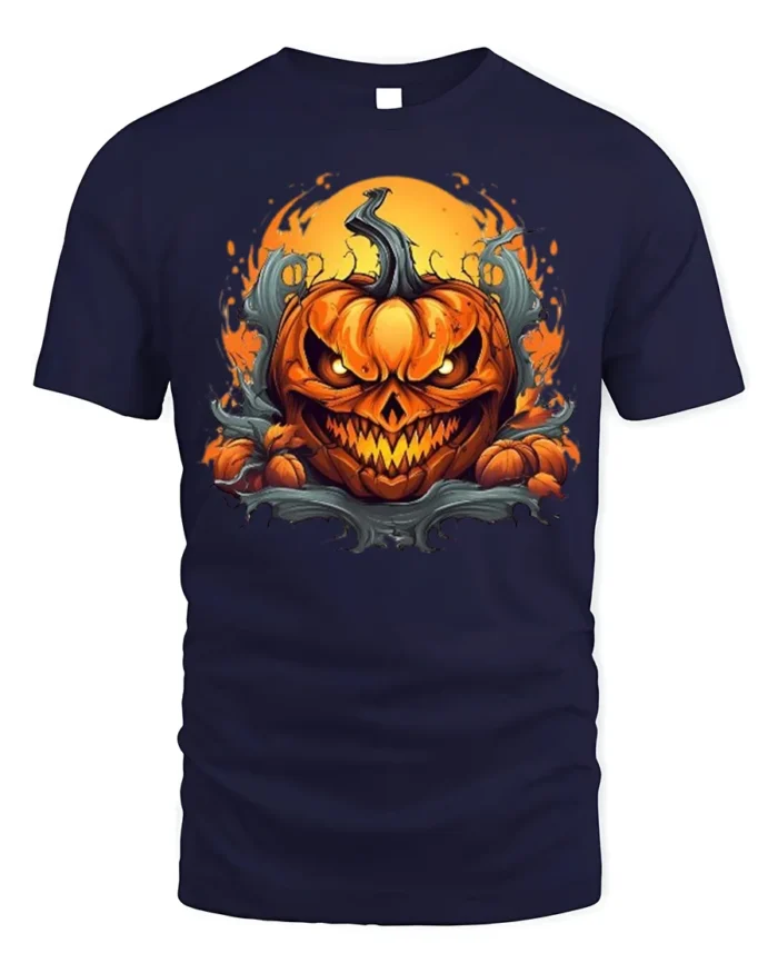 Halloween Fiery Evil Pumpkin Face T-Shirt - navy t-shirt on white background