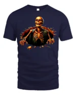 Halloween Skeleton Breaking Wall Graphic T-Shirt - navy t-shirt on white background