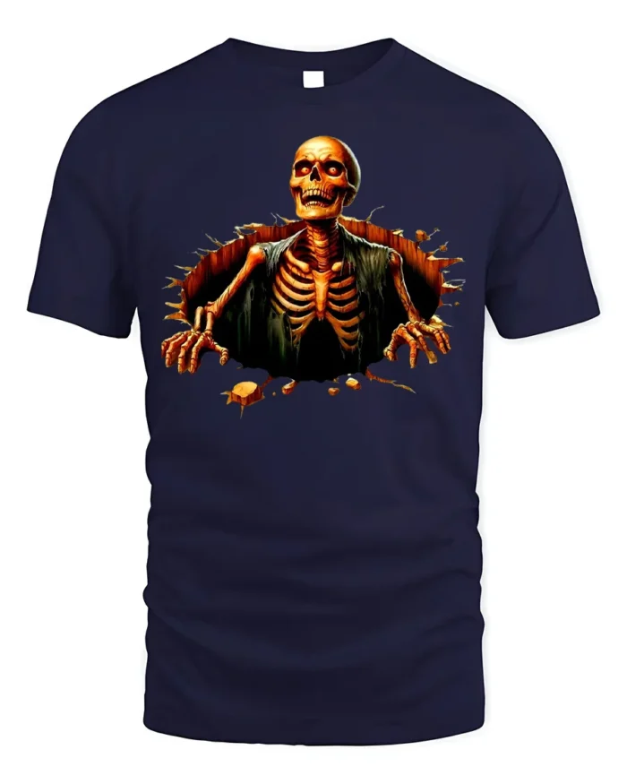 Halloween Skeleton Breaking Wall Graphic T-Shirt - navy t-shirt on white background