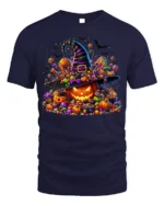 Halloween Candy Pumpkin Witch Hat T-Shirt - navy t-shirt on white background