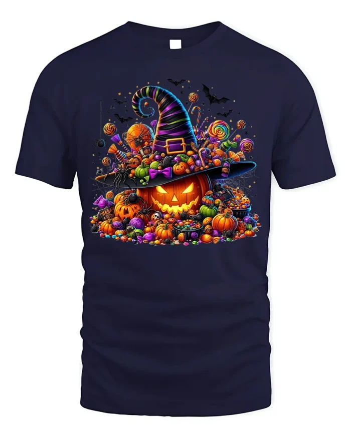 Halloween Candy Pumpkin Witch Hat T-Shirt - navy t-shirt on white background