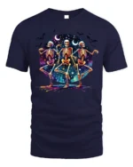 Halloween Dancing Skeletons Graphic T-Shirt - navy t-shirt on white background
