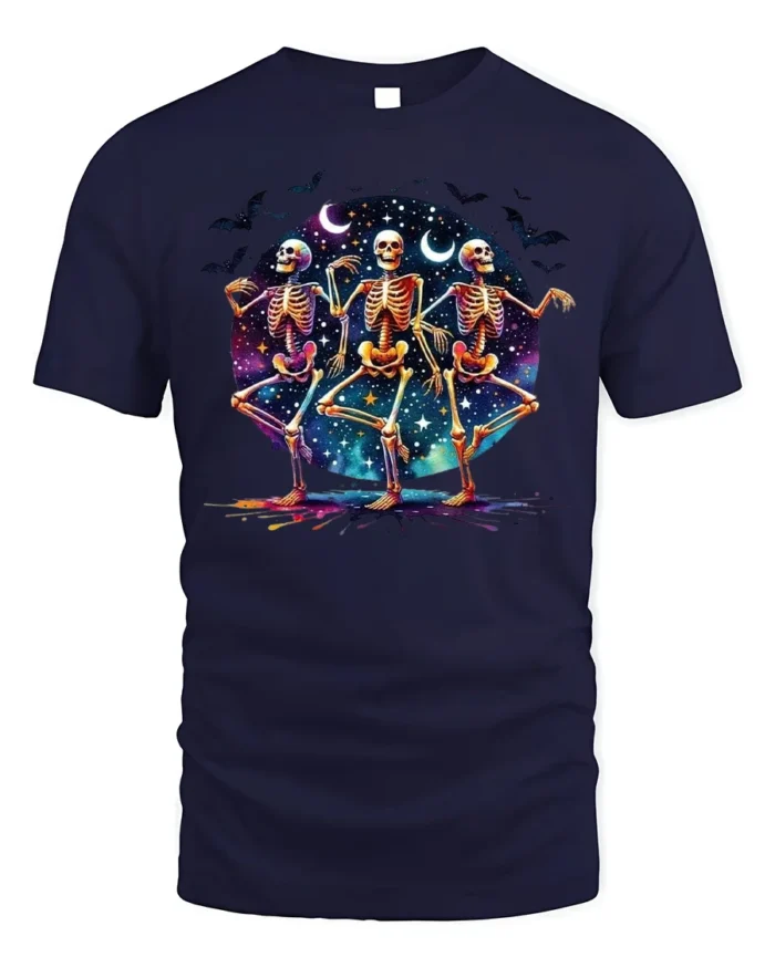 Halloween Dancing Skeletons Graphic T-Shirt - navy t-shirt on white background