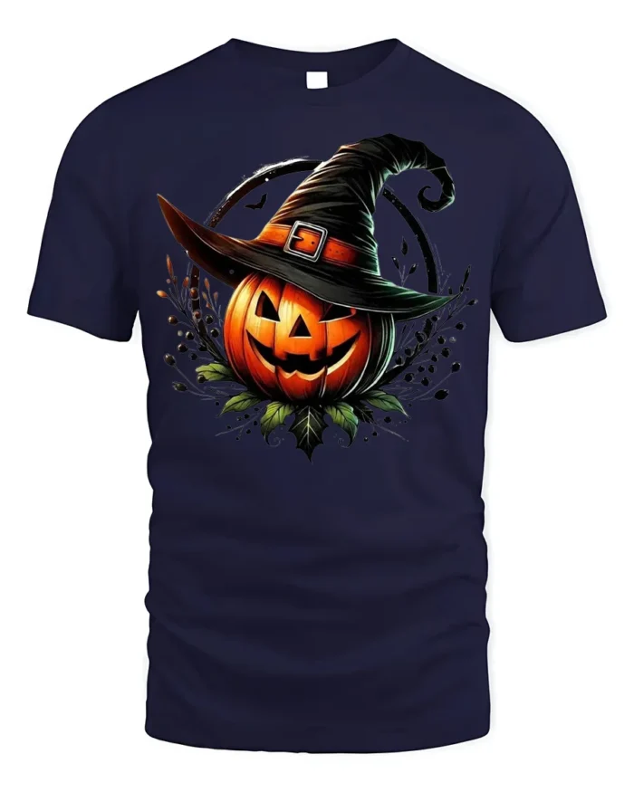 Halloween Jack O Lantern Witch Hat T-Shirt - navy t-shirt on white background