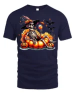 Halloween Skeleton Pumpkin Float T-Shirt - navy t-shirt on white background