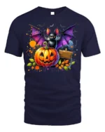 Halloween Bat and Pumpkin Graphic T-Shirt - navy t-shirt on white background