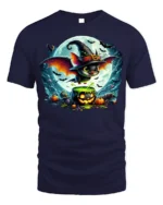 Halloween Witch Bat Cauldron Moon T-Shirt - navy t-shirt on white background