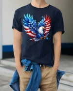 Patriotic Bald Eagle American Flag T-Shirt - model wearing navy shirt, hands in pockets