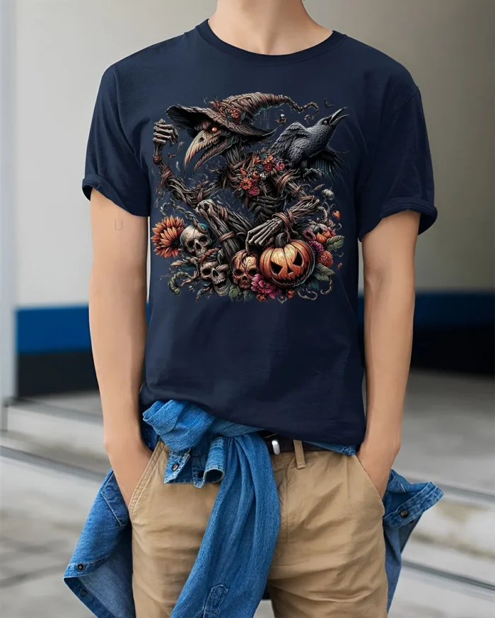 Halloween Evil Scarecrow Raven Pumpkin T-Shirt - model wearing navy shirt, hands in pockets