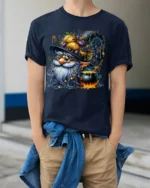 Halloween Wizard Gnome Cauldron Magic T-Shirt - model wearing navy shirt, hands in pockets