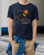 Halloween Evil Pumpkin Monster Graphic T-Shirt - model wearing navy shirt, hands in pockets